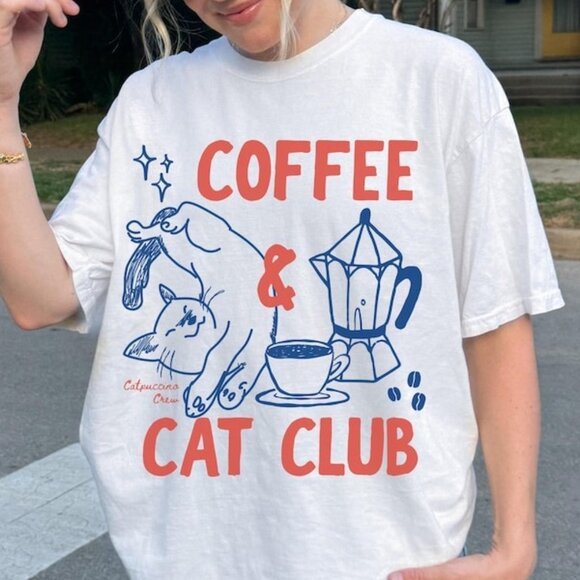 Cat Tee Coffee Lover Gift Retro Cat Mom T-Shirt - Picture 1 of 4